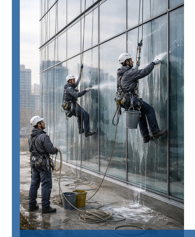 Промышленная мойка панорамных окон на высоте в Тобольске