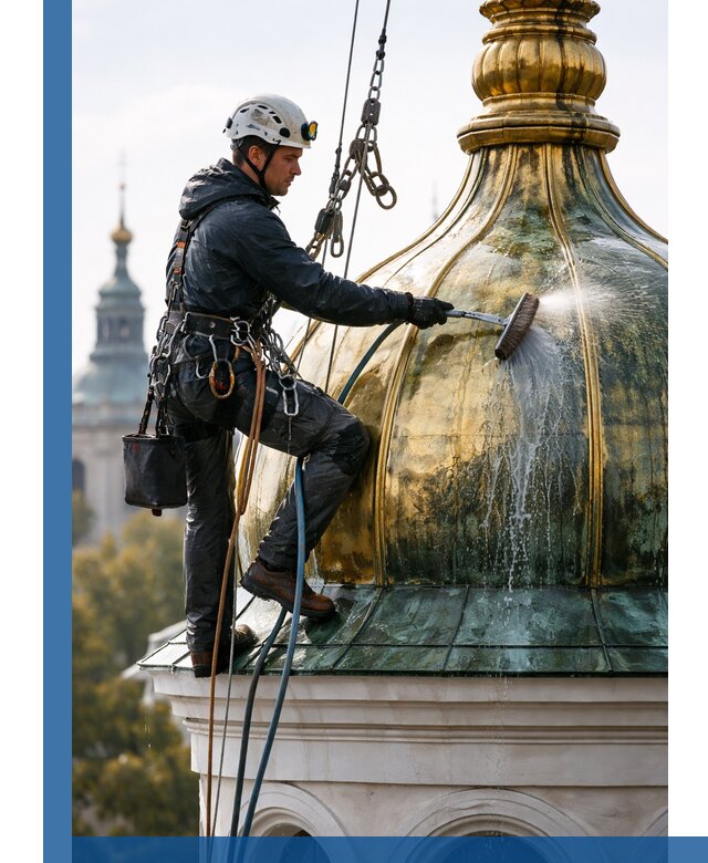 Профессиональная мойка куполов и шпилей высотными альпинистами в Тобольске