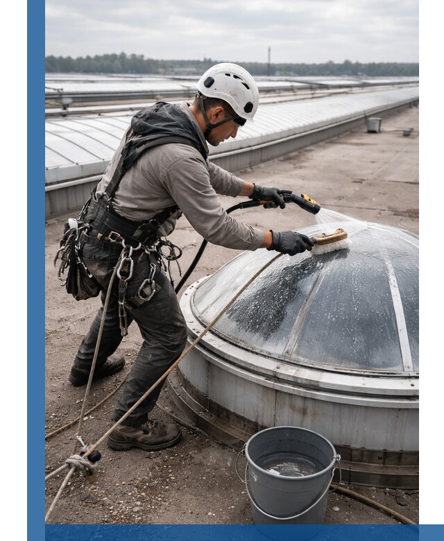 Мойка зенитных фонарей на кровле для промышленных объектов в Тобольске