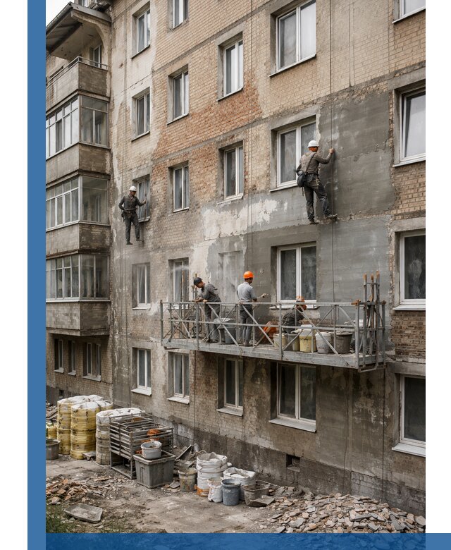 Капитальный ремонт фасада в Тобольске с восстановлением и гидроизоляцией