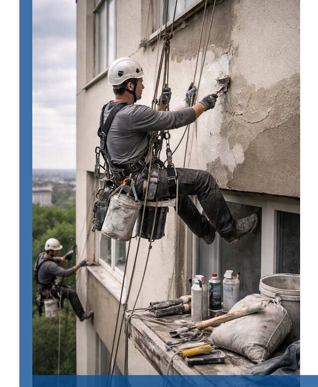 Косметический ремонт фасада зданий в Тобольске промышленными альпинистами
