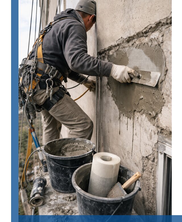 Ремонт бетонных элементов фасада промышленными альпинистами в Тобольске