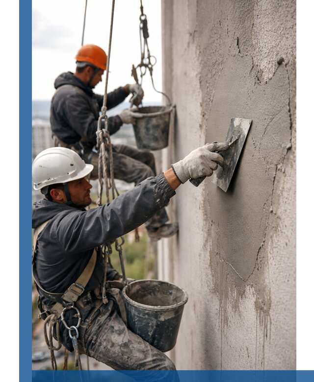 Штукатурка фасада на высоте в Тобольске профессиональные работы