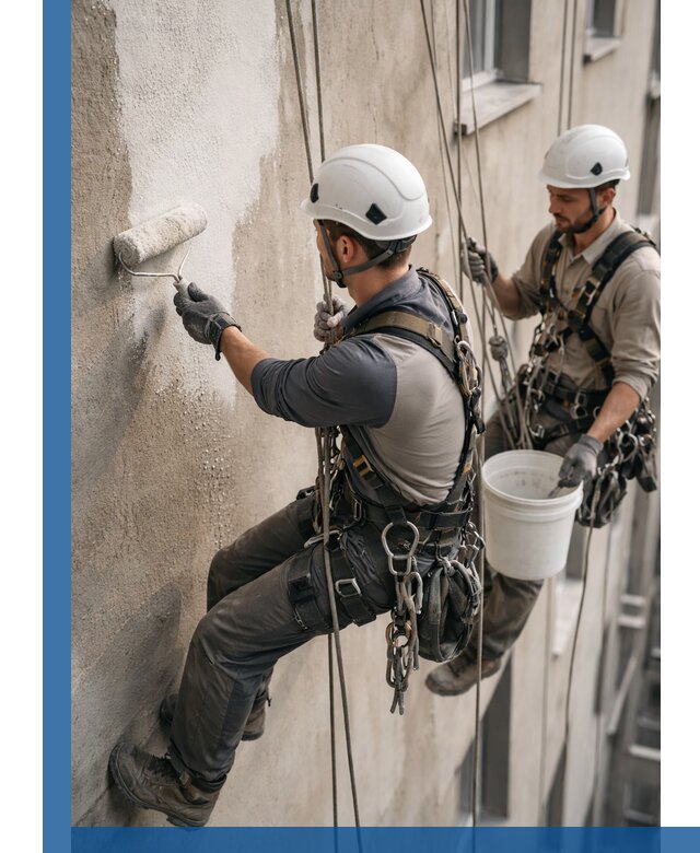 Грунтовка фасада на высоте в Тобольске промышленными альпинистами