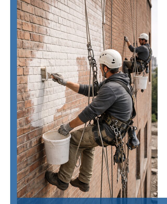 Покраска кирпичного фасада с доступным альпинистским сервисом в Тобольске
