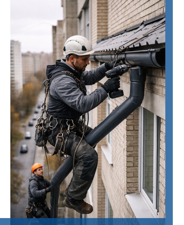 Монтаж водосточной системы на здании в Тобольске от 5084 р. | ВЫСОТНИК-Тбл