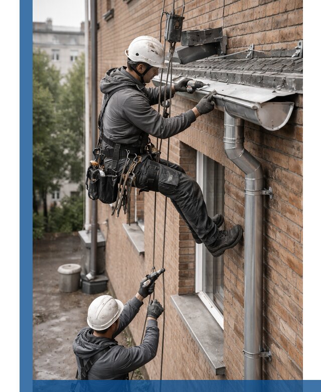 Монтаж водосточной системы на здании в Тобольске под ключ