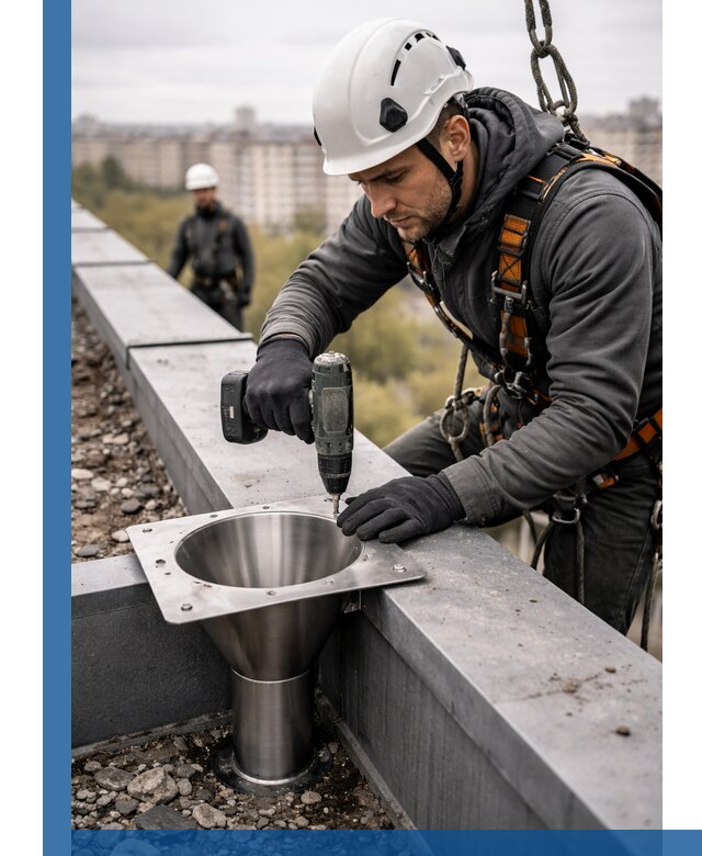 Монтаж водосточных воронок в Тобольске для промышленных зданий