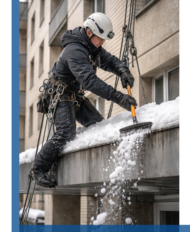 Очистка козырьков от снега в Тобольске круглогодично безопасно
