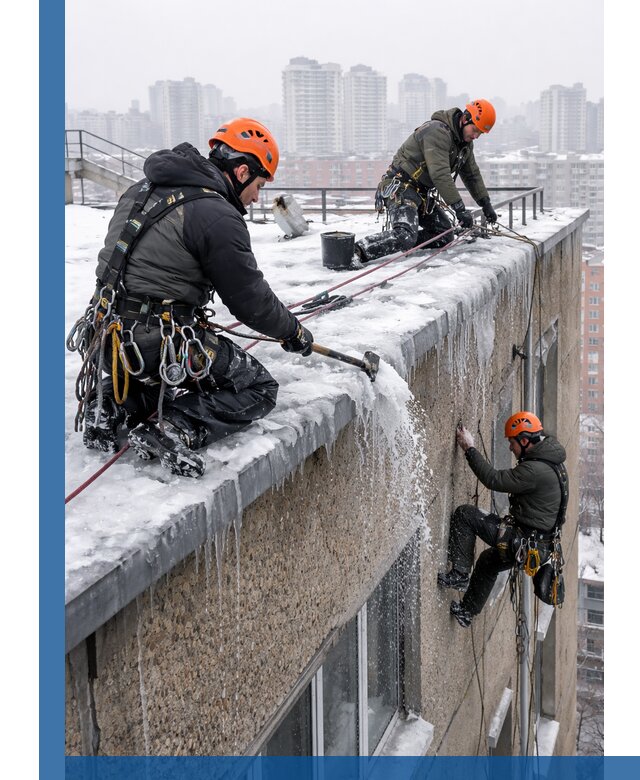 Удаление наледи с кровли в Тобольске промышленными альпинистами