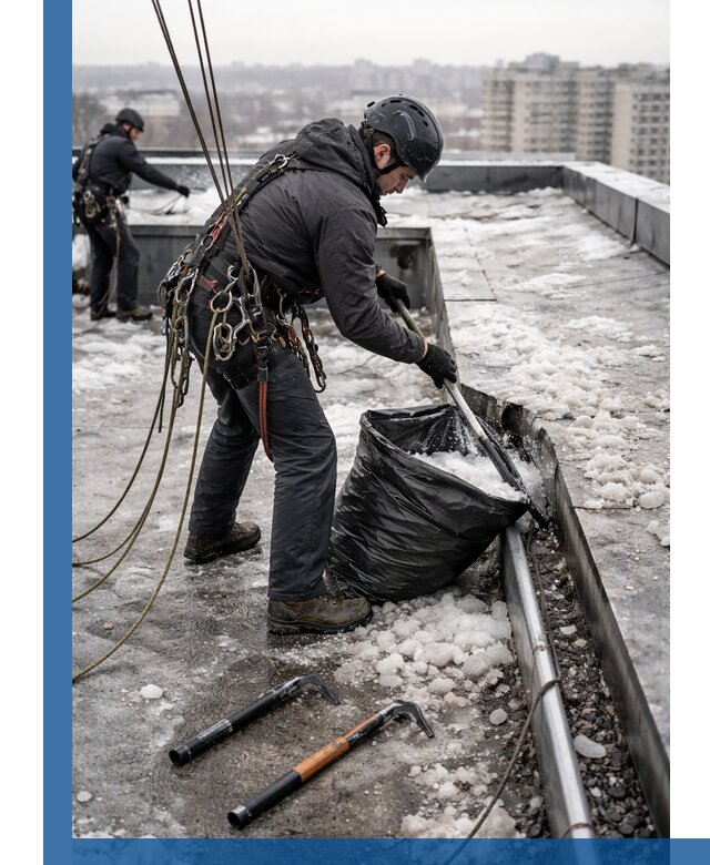 Аварийная очистка кровли в Тобольске от промальпинистов