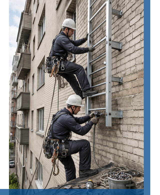 Монтаж пожарной лестницы в Тобольске от 25418 р заказать у ВЫСОТНИК-Тбл