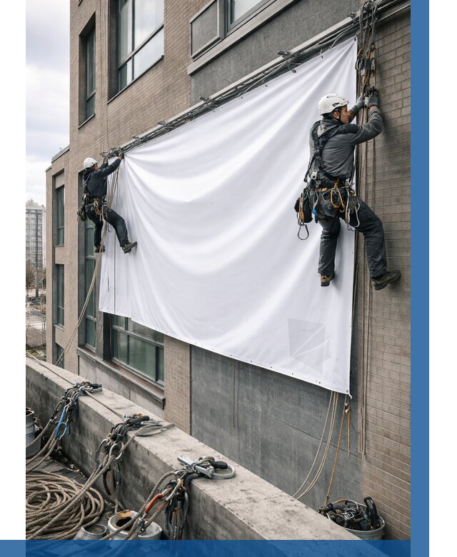 Монтаж баннеров на фасаде в Тобольске от 661 р. заказать ВЫСОТНИК-Тбл