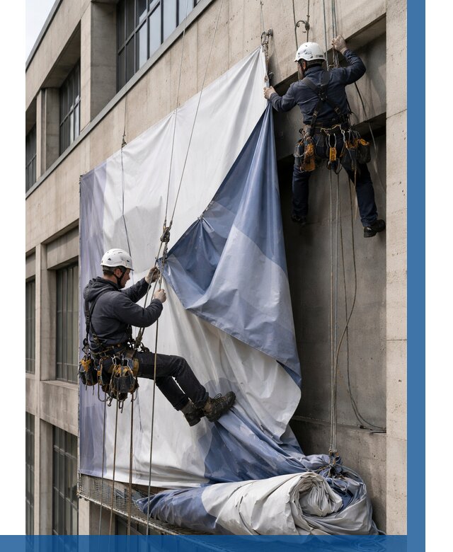 Демонтаж баннеров с фасада в Тобольске от 4575 р. | ВЫСОТНИК-Тбл