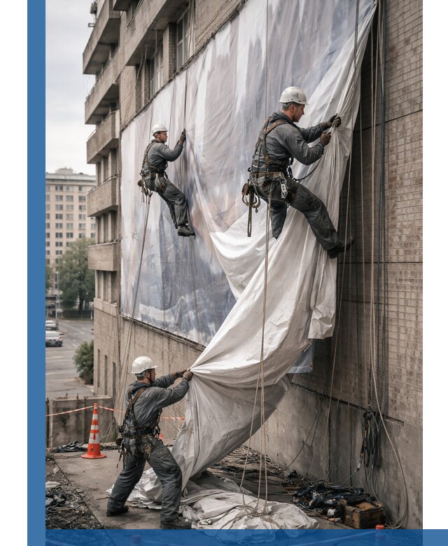 Демонтаж баннеров с фасада в Тобольске оперативно и безопасно
