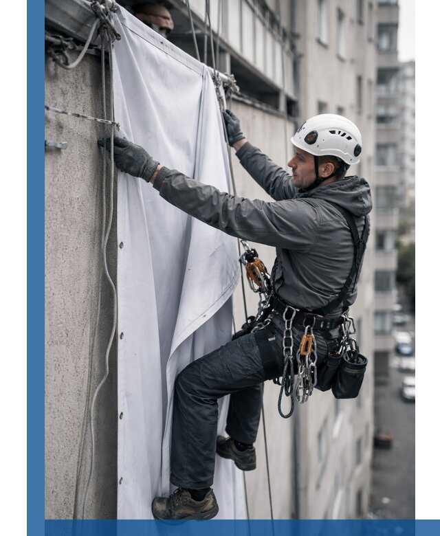 Замена баннерного полотна промышленными альпинистами в Тобольске