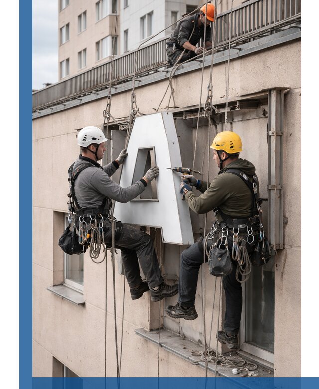 Ремонт и восстановление наружных вывесок на высоте в Тобольске