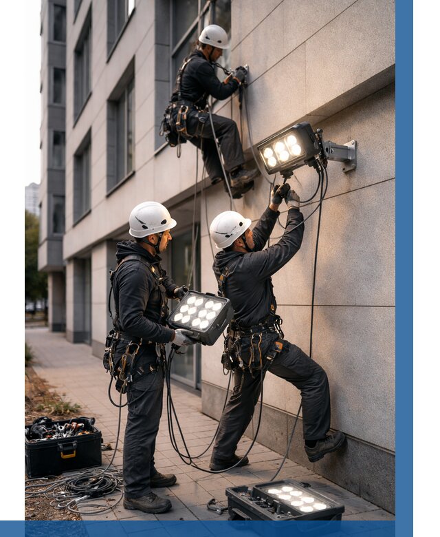 Монтаж прожекторов на фасаде в Тобольске от 7625 р. | ВЫСОТНИК-Тбл