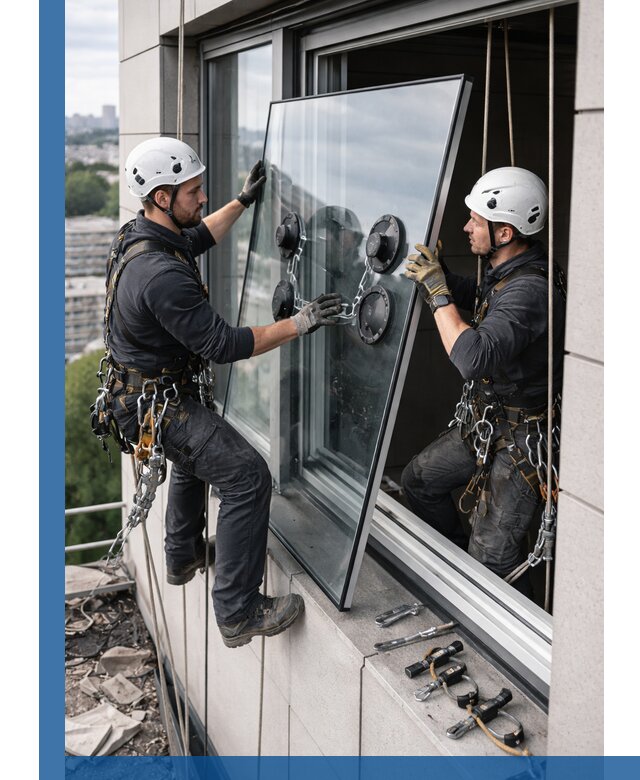 Замена стеклопакетов на высоте с промышленными альпинистами в Тобольске