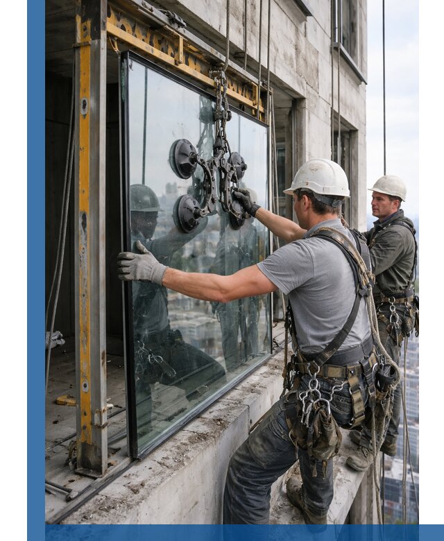 Монтаж стеклопакетов на высоте в Тобольске с промышленным альпинизмом