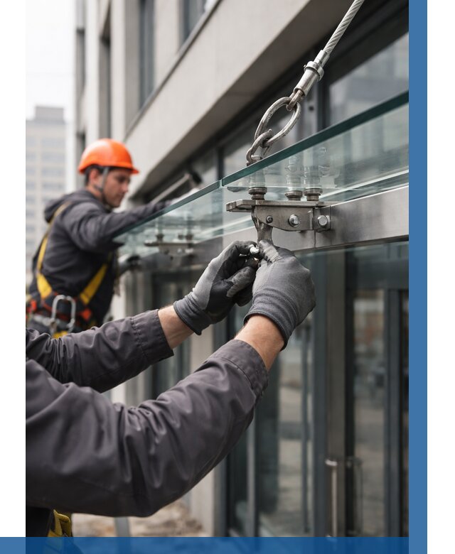 Монтаж стеклянных козырьков в Тобольске от 8642 р. | ВЫСОТНИК-Тбл