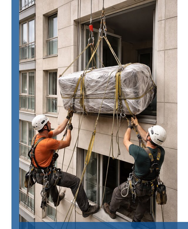 Подъем грузов через окно в Тобольске промышленными альпинистами