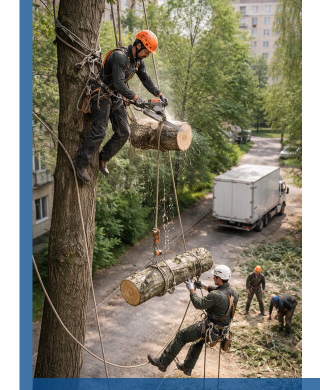 Спил деревьев альпинистами в Тобольске, безопасно и без повреждений