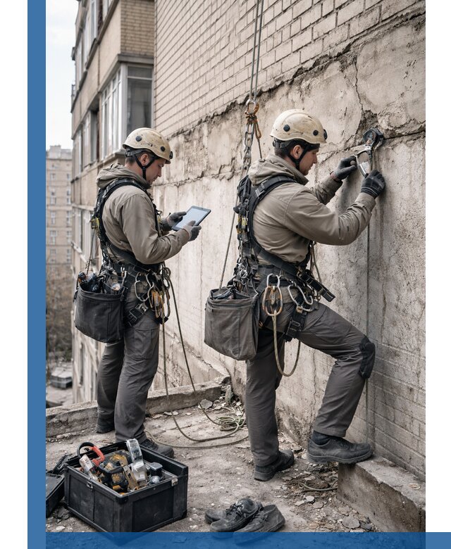 Обследование фасада промышленными альпинистами в Тобольске